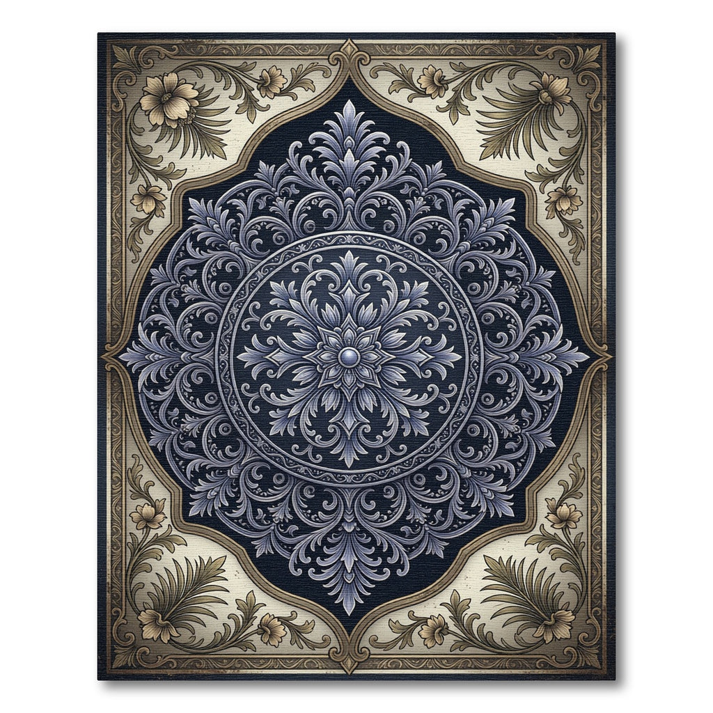 Ornate Blue Golden Floral Medallion Rug