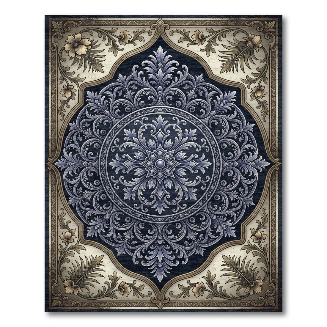 Ornate Blue Golden Floral Medallion Rug