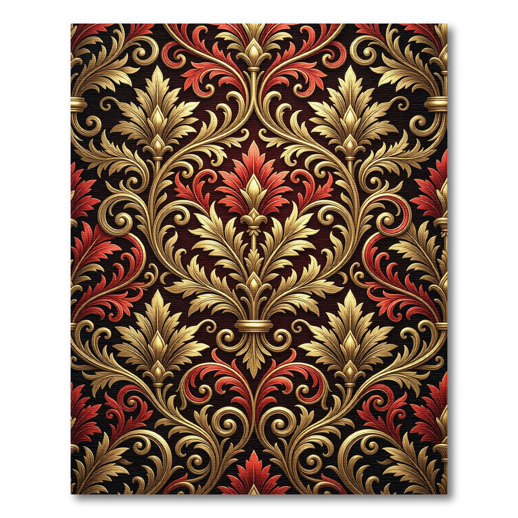 Ornate Gold and Crimson Damask Flourish Rug