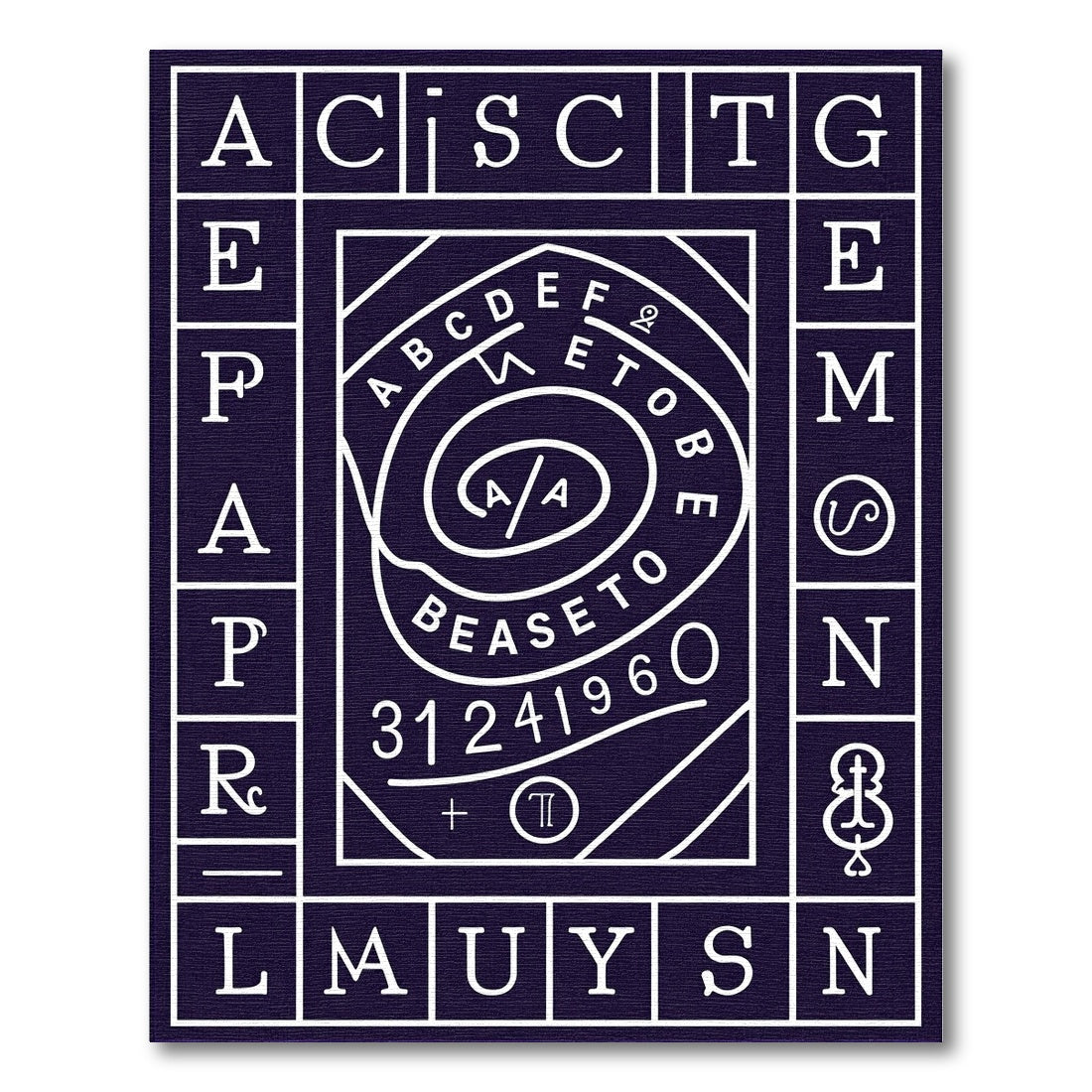 Dark Blue Alphabet Spiral Graphic Rug