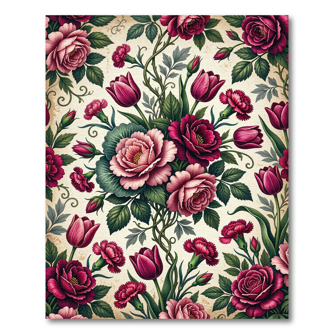 Romantic Crimson Floral Botanical Garland Rug
