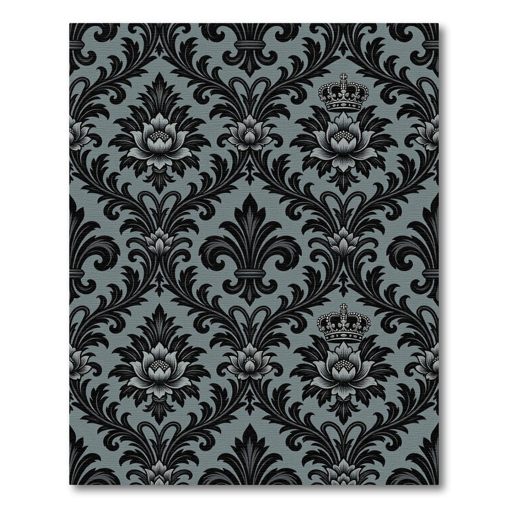 Black Damask Crown Floral Grey Rug