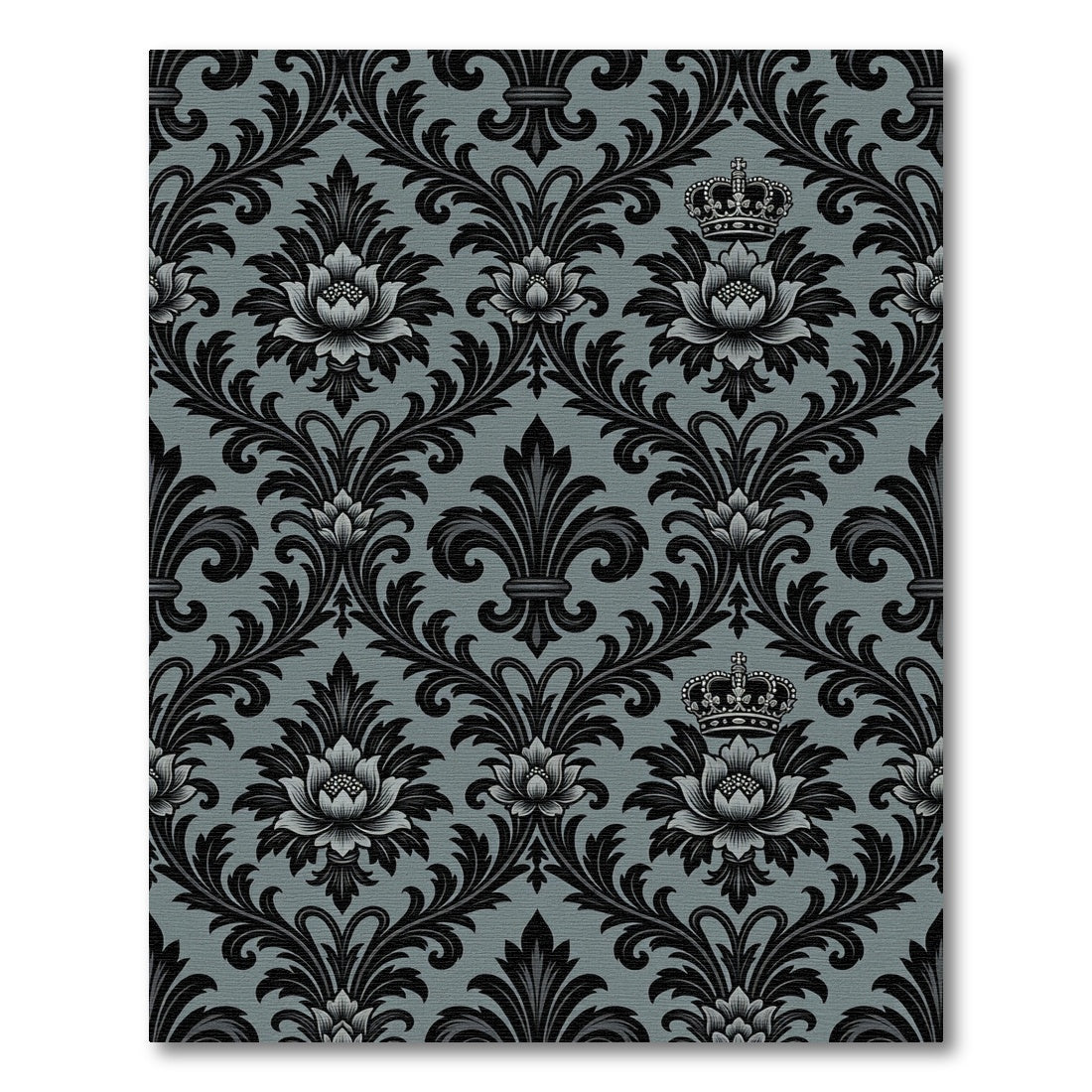Black Damask Crown Floral Grey Rug