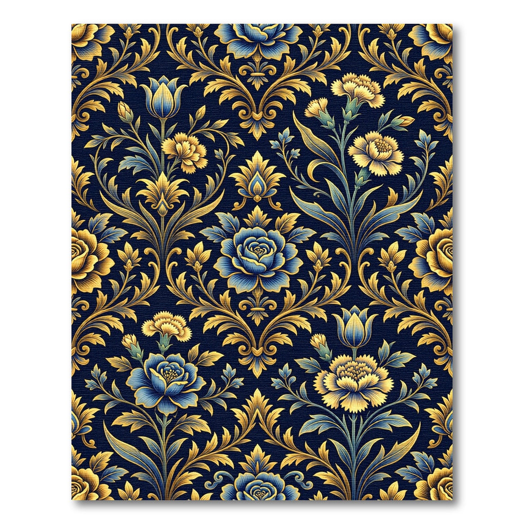Golden Floral Damask Navy Blue Rug