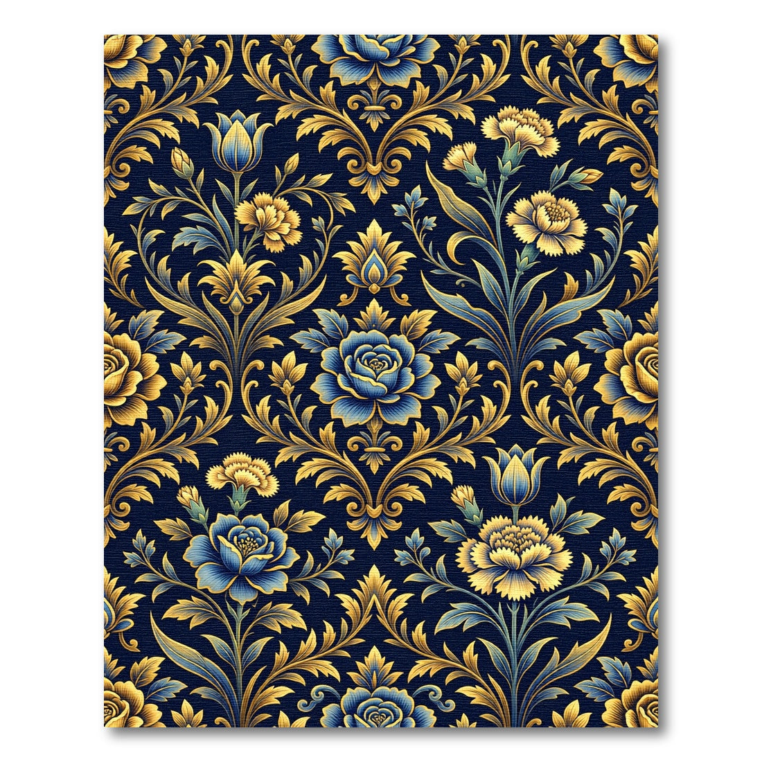 Golden Floral Damask Navy Blue Rug
