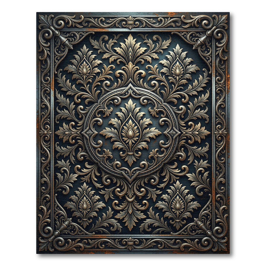 Ornate Bronze Damask Medallion Charcoal Rug