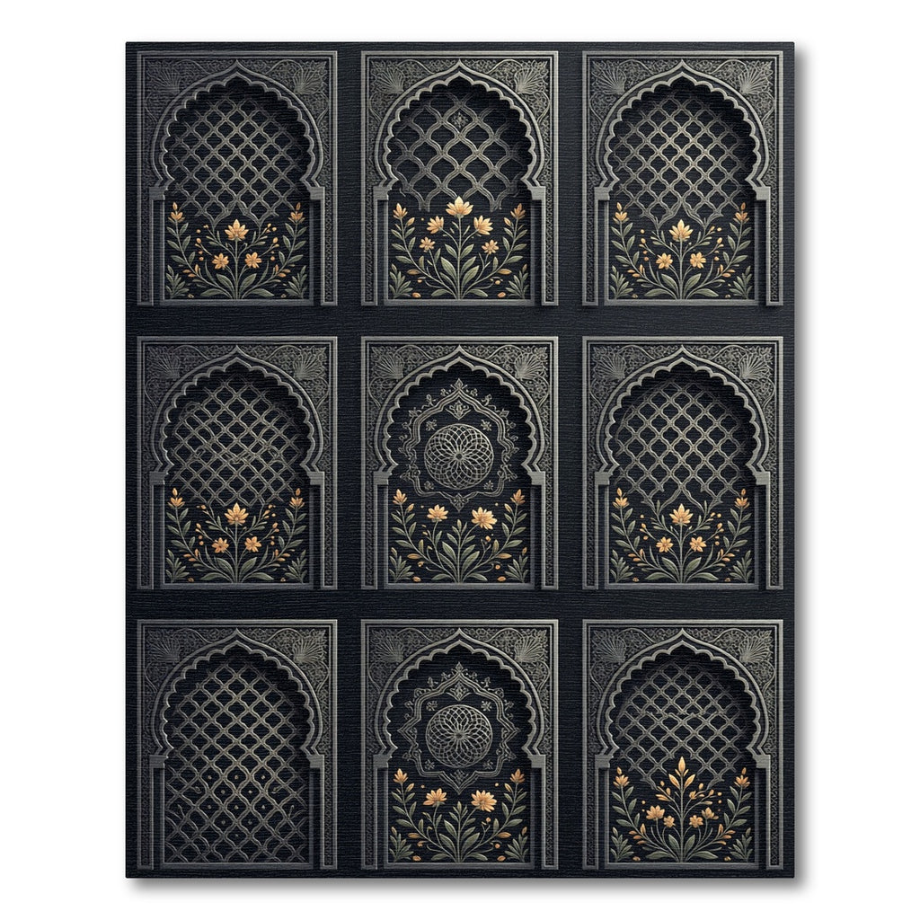 Ethereal Charcoal Floral Arched Lattice Rug