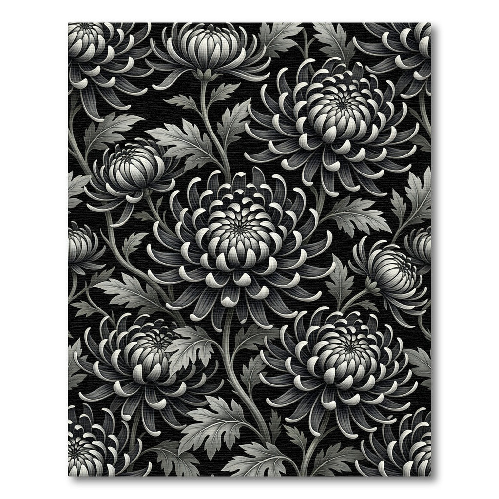 Monochromatic Black and White Chrysanthemum Floral Rug