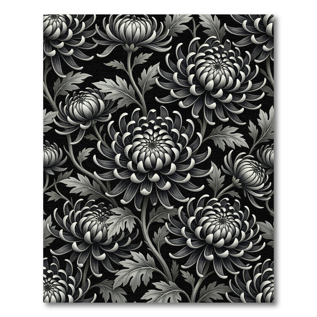 Monochromatic Black and White Chrysanthemum Floral Rug