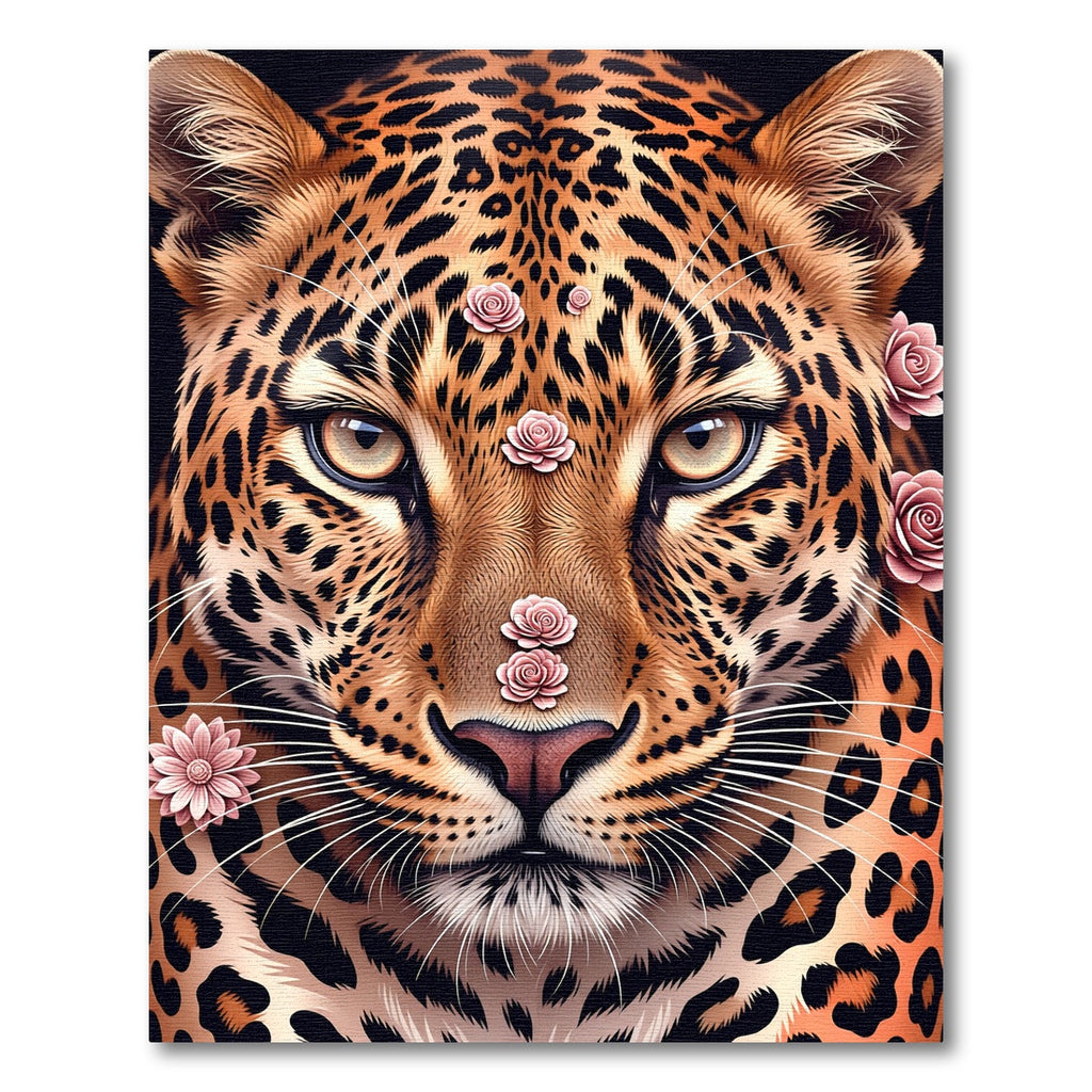 Majestic Leopard Portrait with Pink Roses Rug