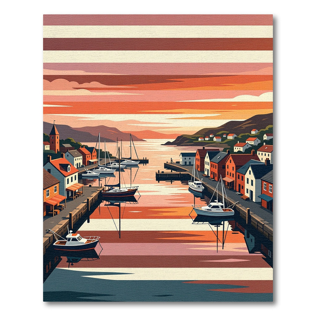 Coastal Village Watercolor Sunset Marina Rug