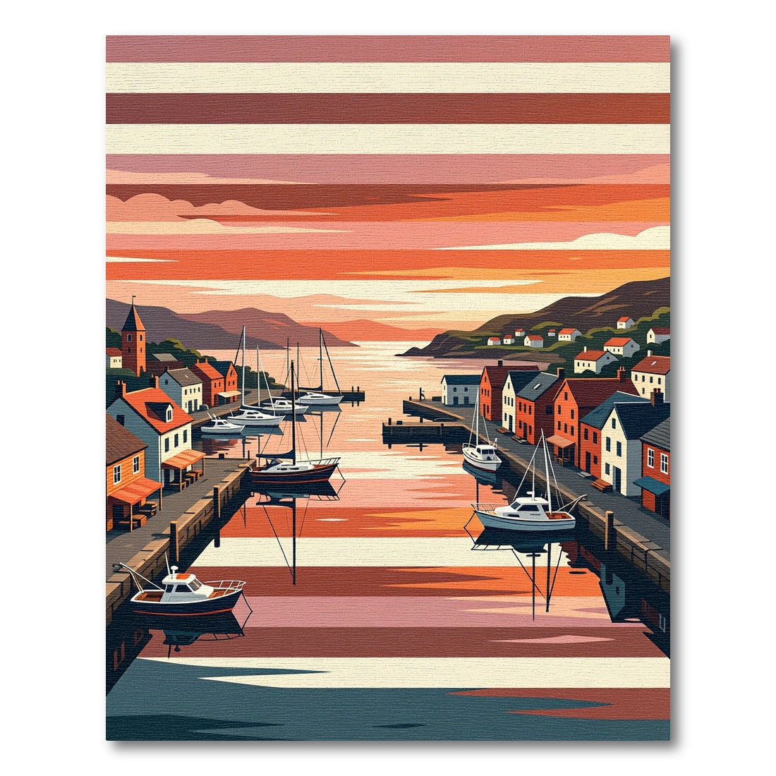 Coastal Village Watercolor Sunset Marina Rug