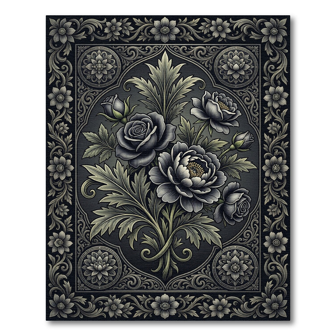 Ornate Charcoal Floral Bouquet Rug