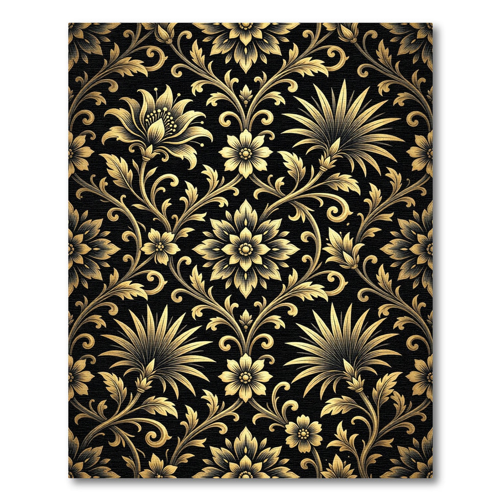 Elegant Gold Floral Damask Botanical Black Rug
