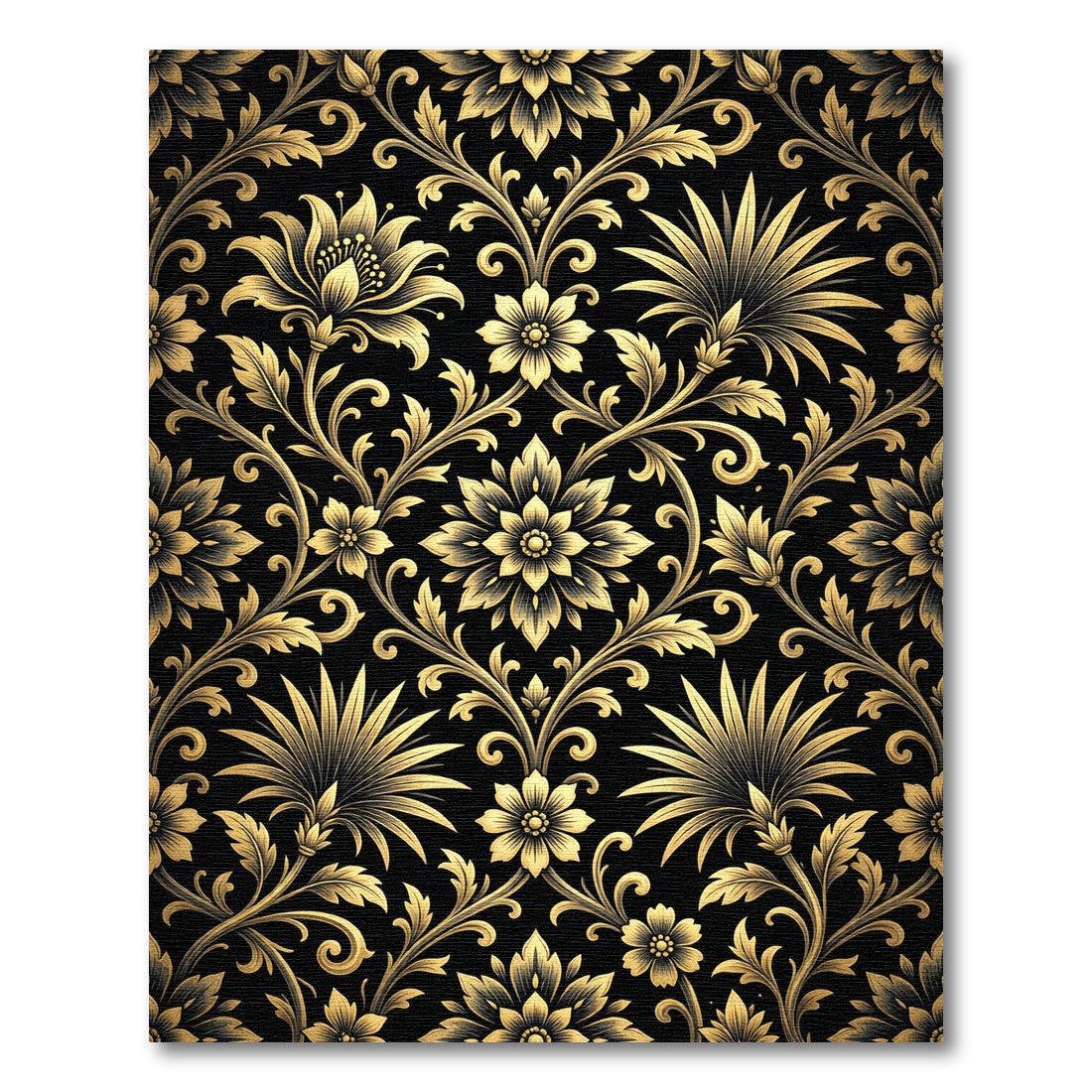 Elegant Gold Floral Damask Botanical Black Rug