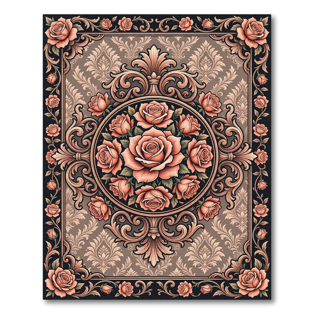 Vintage Peach Rose Scroll Medallion Rug
