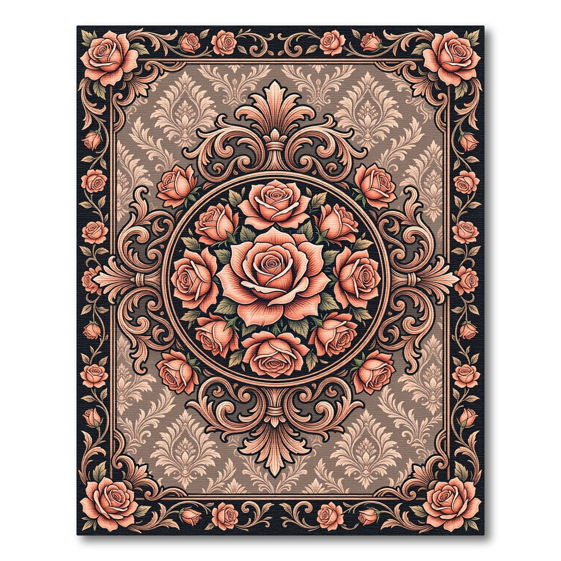 Vintage Peach Rose Scroll Medallion Rug