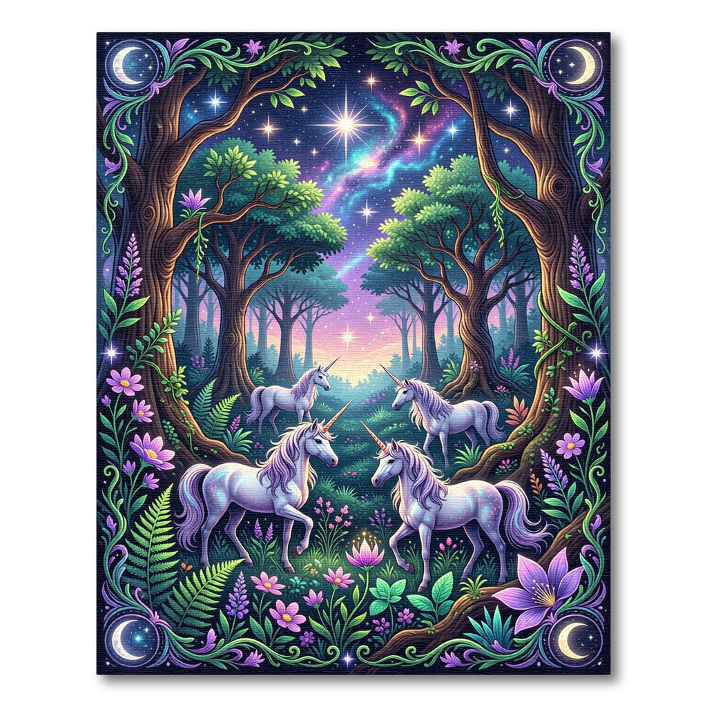 Enchanted Unicorns in Cosmic Forest Glow Rug
