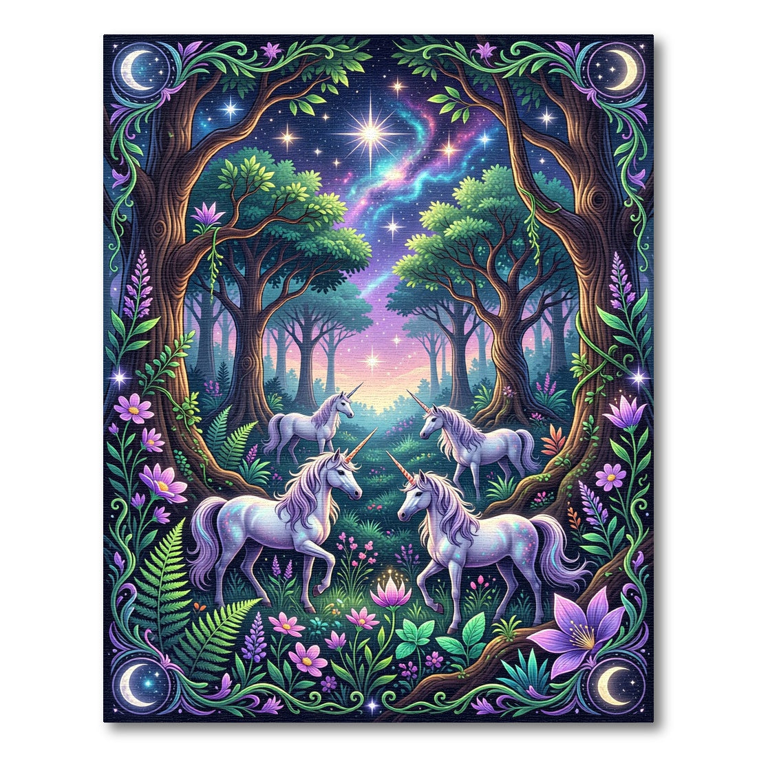 Enchanted Unicorns in Cosmic Forest Glow Rug