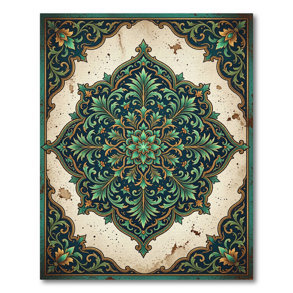 Ornate Emerald Teal Foliage Medallion Rug
