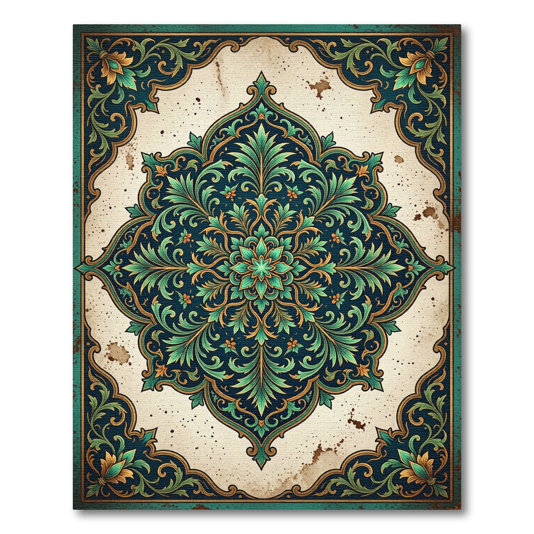 Ornate Emerald Teal Foliage Medallion Rug