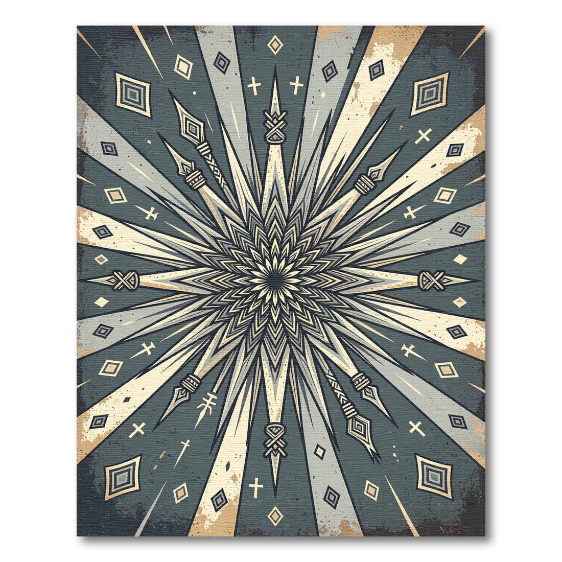 Vintage Slate Geometric Starburst Compass Rug