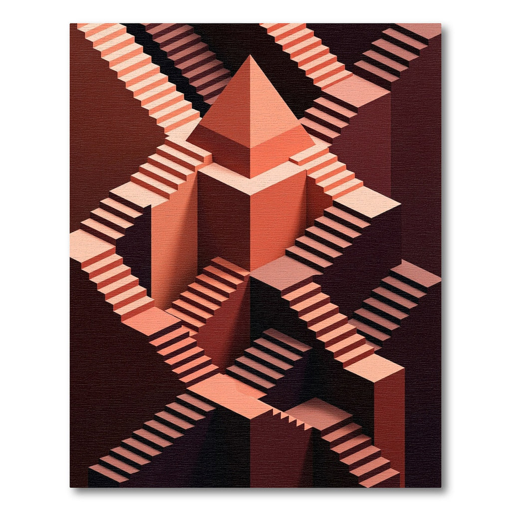 Coral Geometric Escher Staircase Illusion Rug