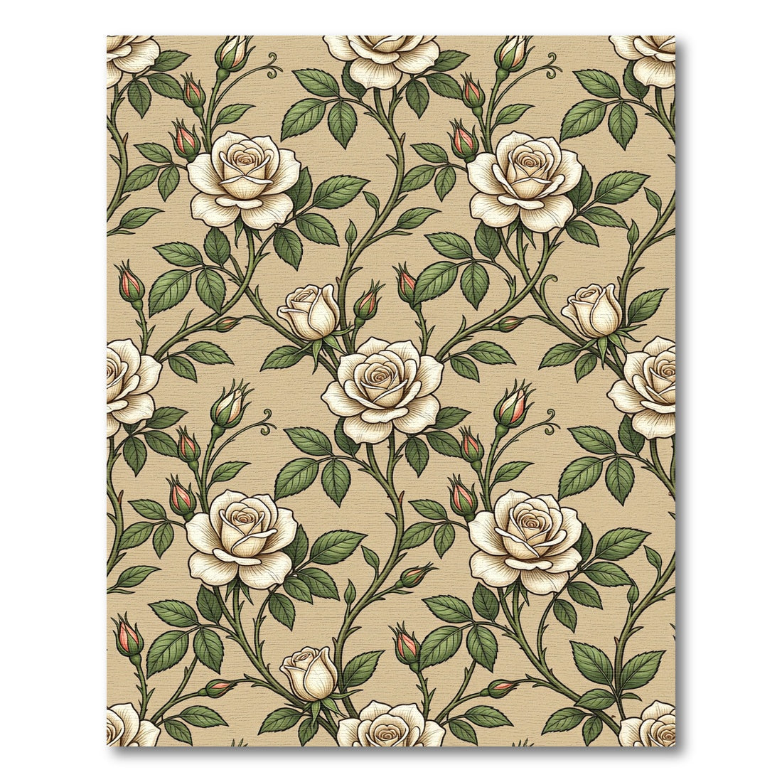Cream Rose Vine Botanical Pattern Rug