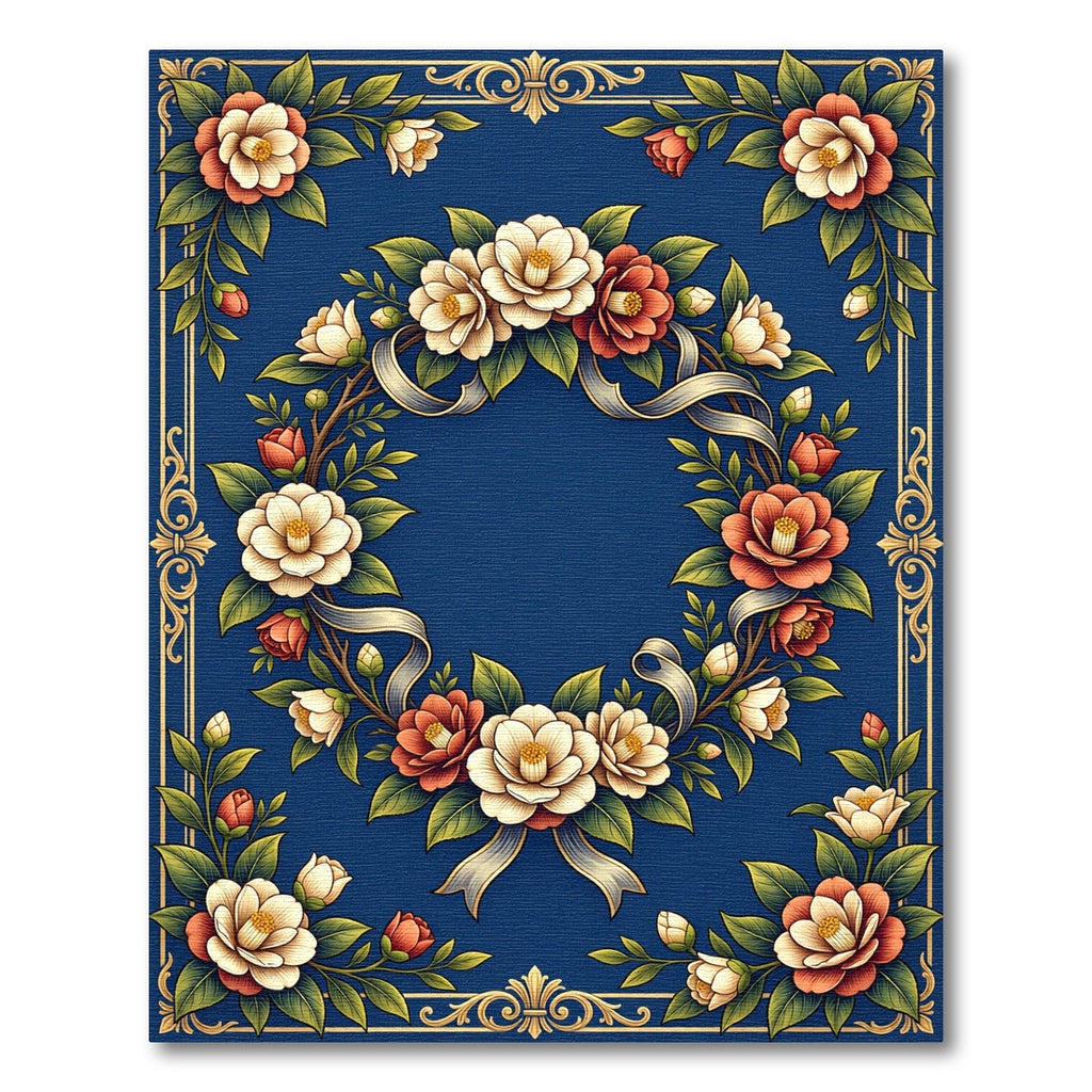 Elegant Navy Blue Camellia Floral Wreath Rug