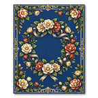 Elegant Navy Blue Camellia Floral Wreath Rug