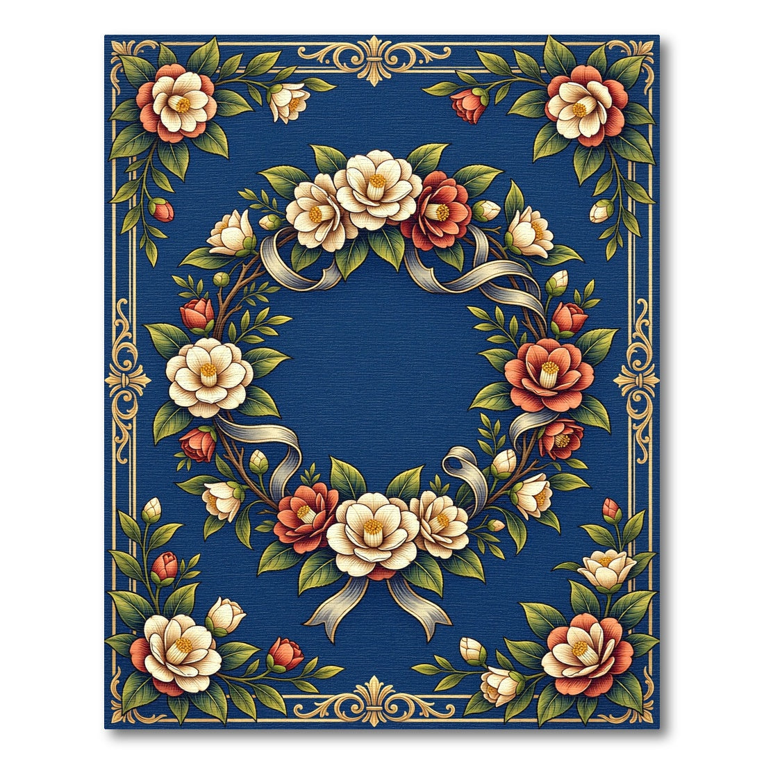 Elegant Navy Blue Camellia Floral Wreath Rug
