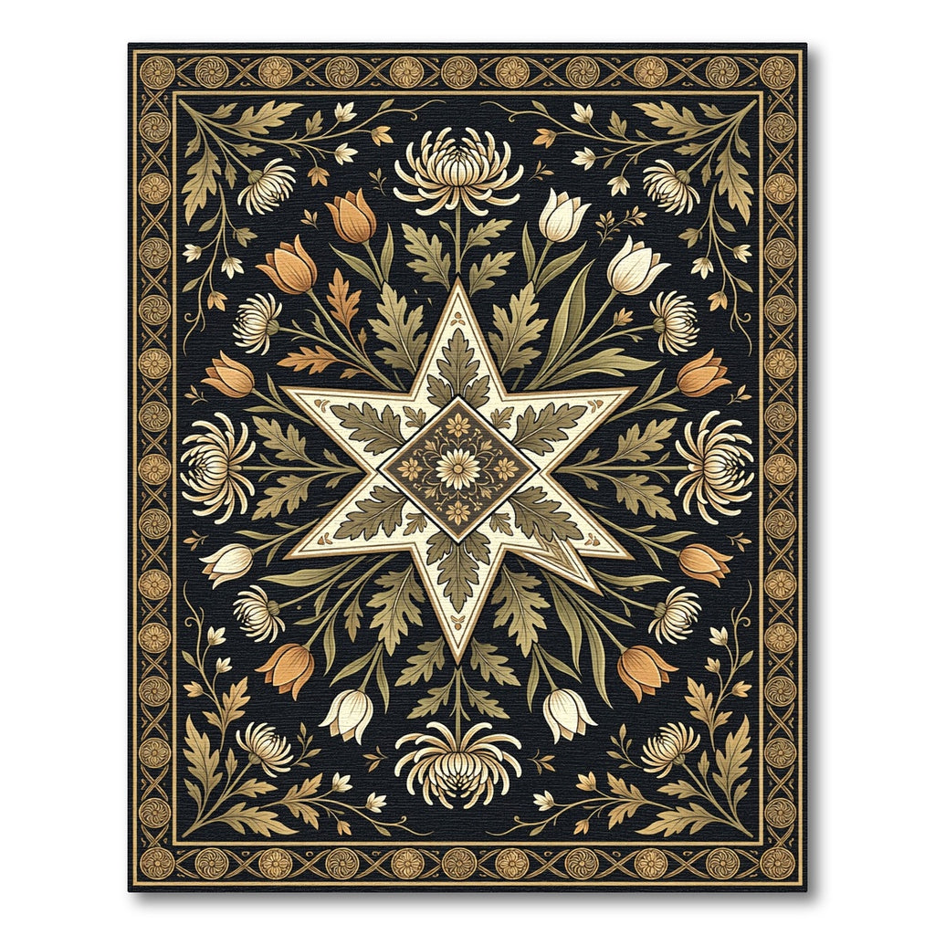 Floral Star Gold Black Botanical Art Rug