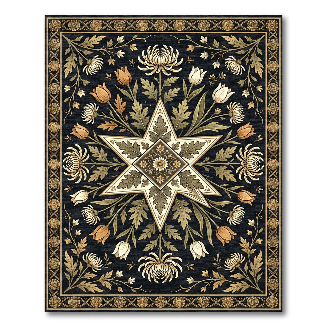 Floral Star Gold Black Botanical Art Rug