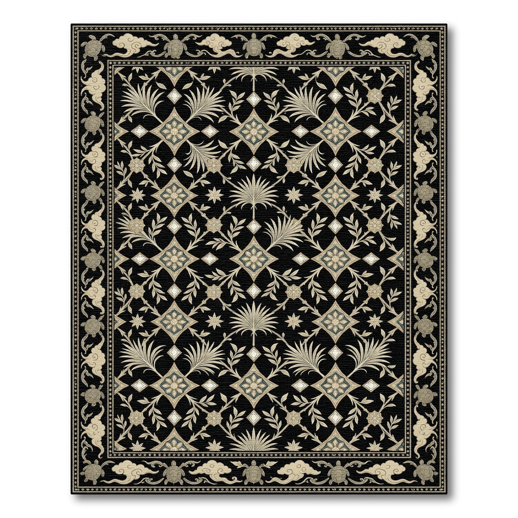 Elegant Black Cream Floral Turtle Border Rug