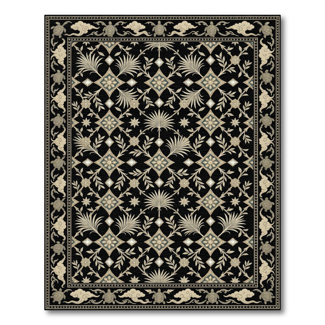 Elegant Black Cream Floral Turtle Border Rug