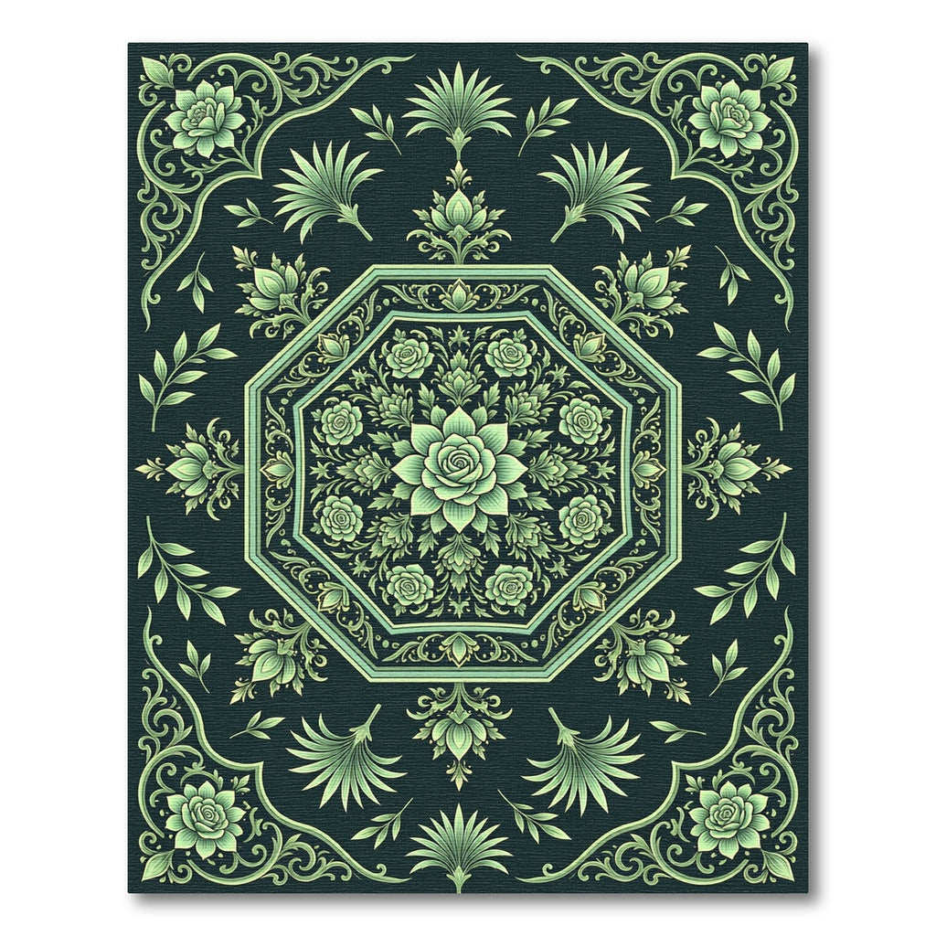 Emerald Green Floral Octagon Crest Rug