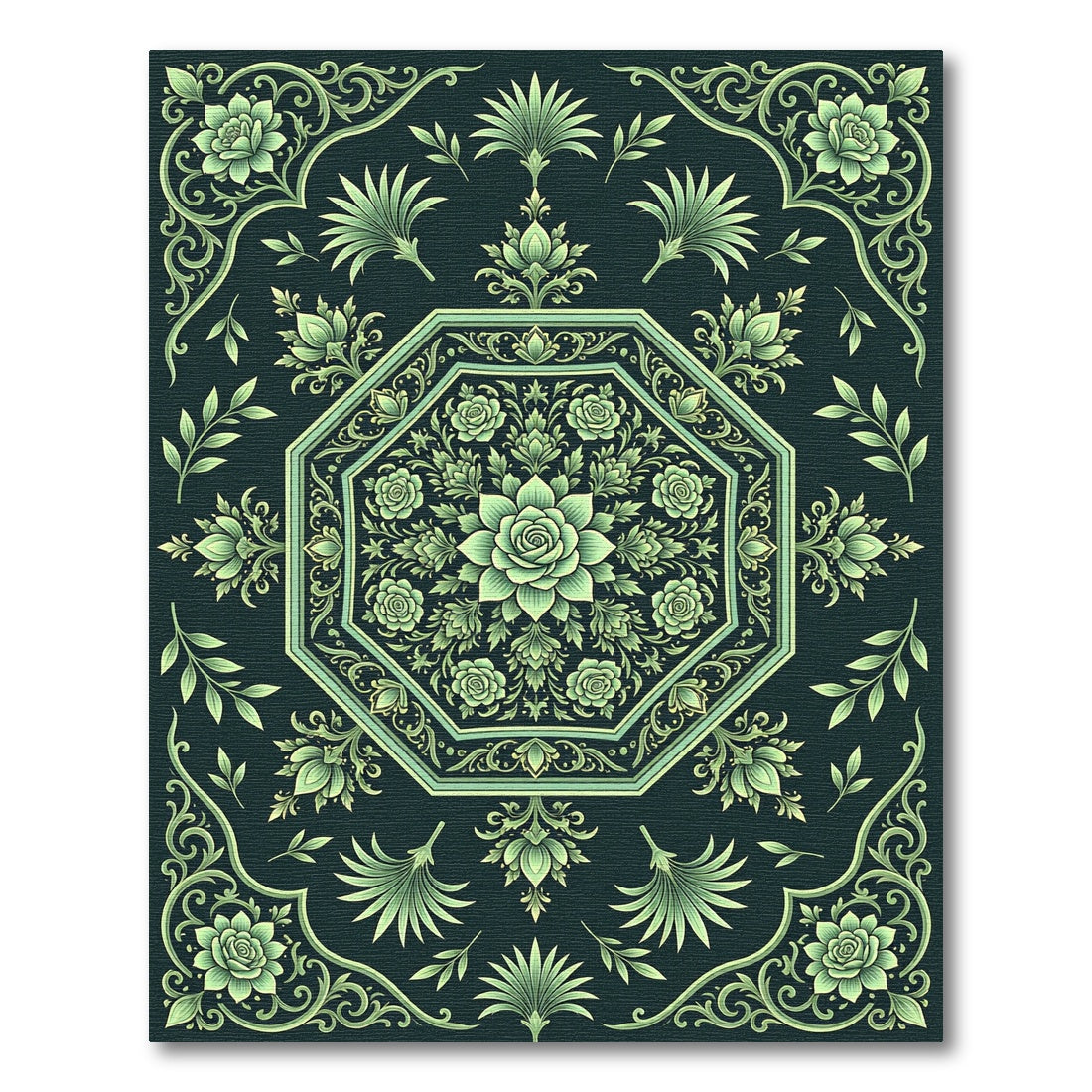Emerald Green Floral Octagon Crest Rug