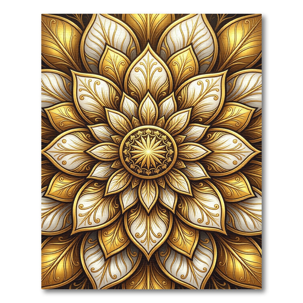 Golden White Detailed Floral Mandala Rug