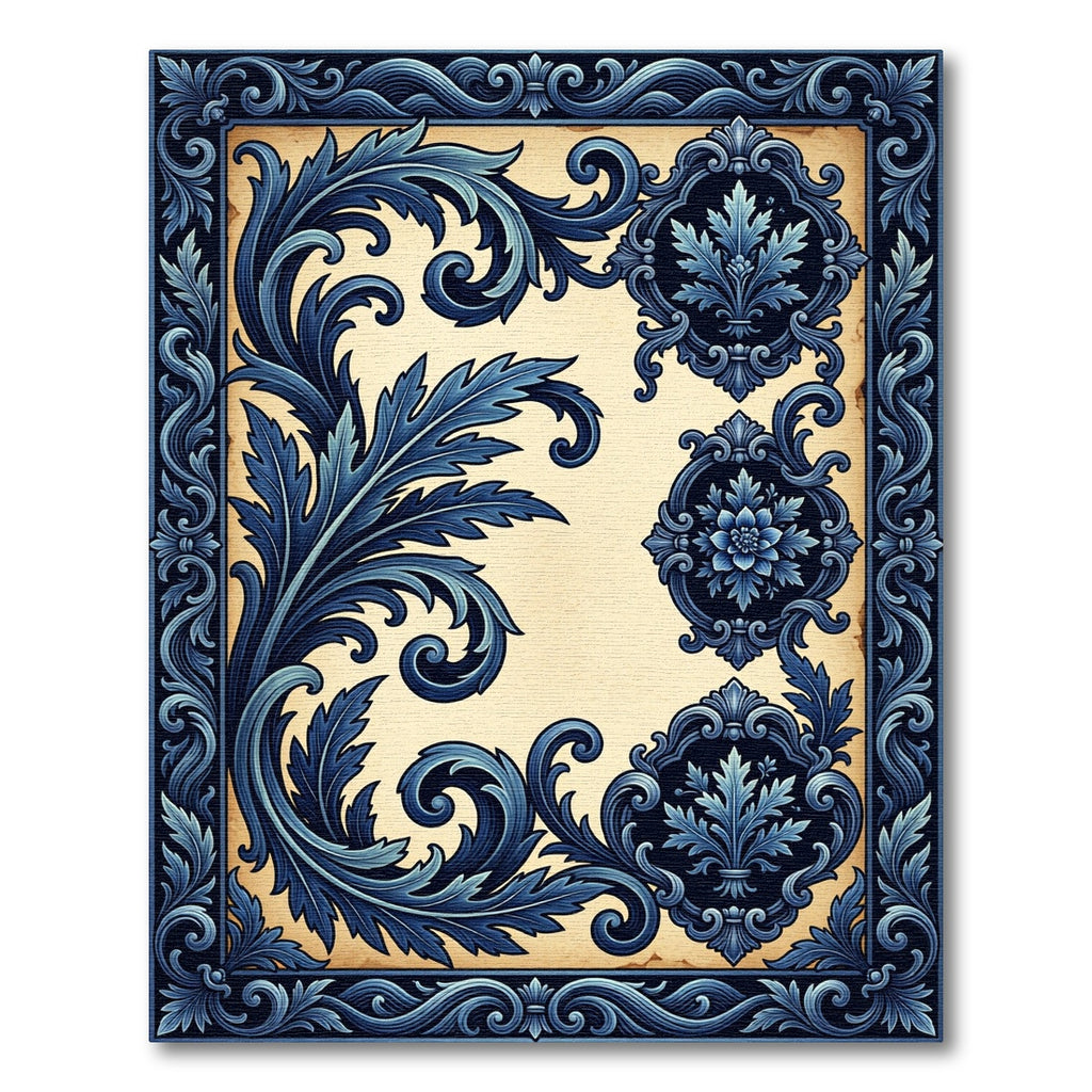 Elegant Navy Blue Acanthus Scroll Damask Rug