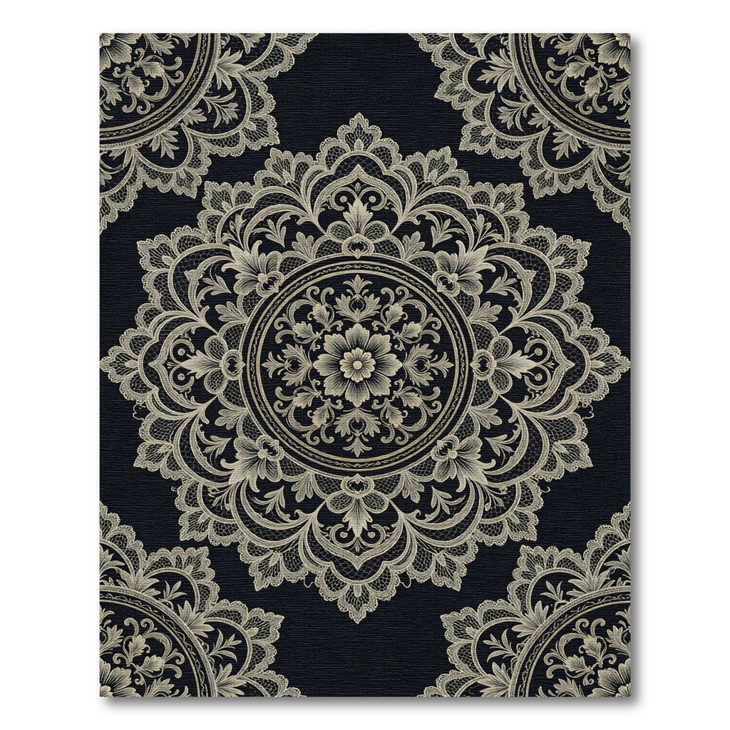Elegant Black and Gold Lace Medallion Rug