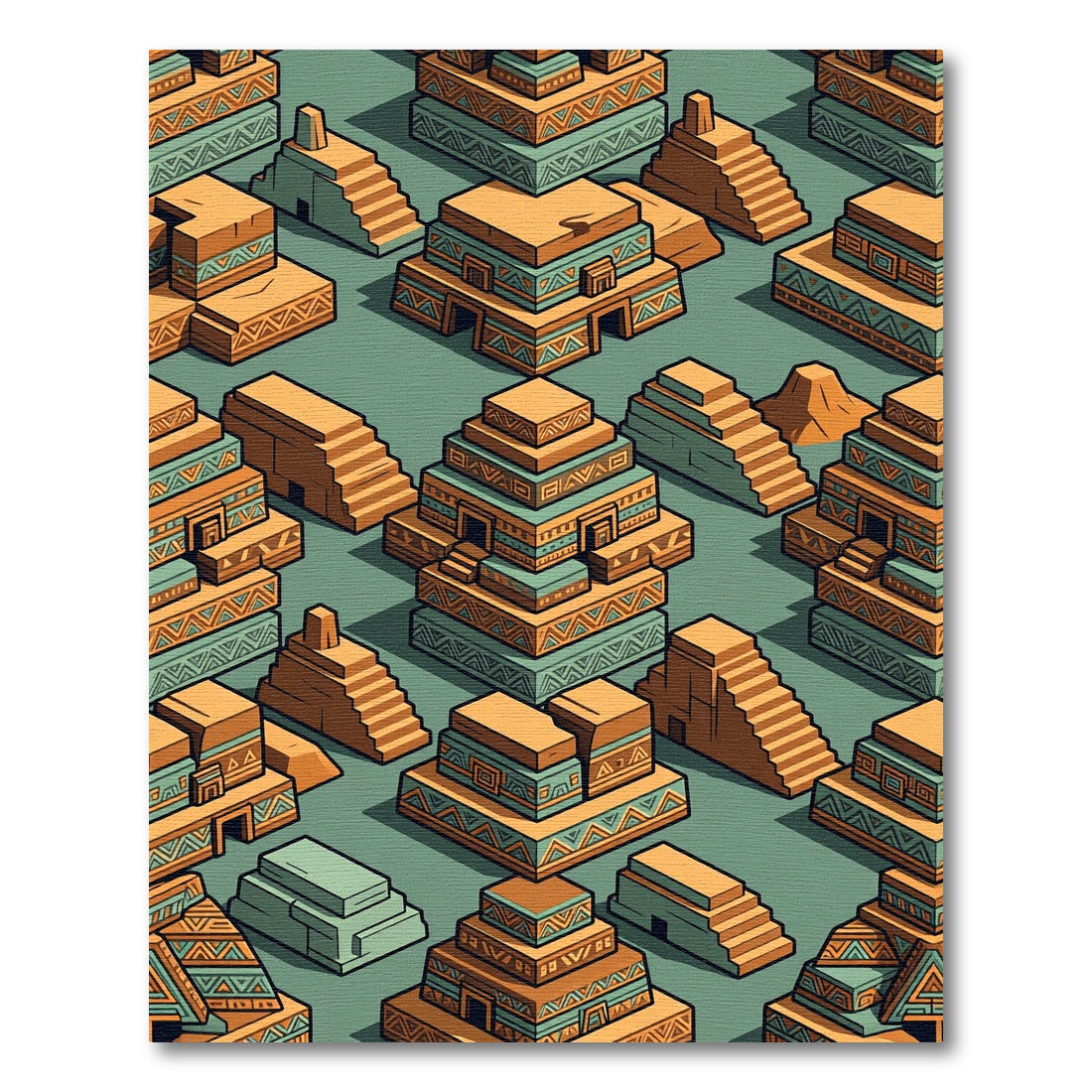 Isometric Aztec Gold and Teal Pyramids Rug