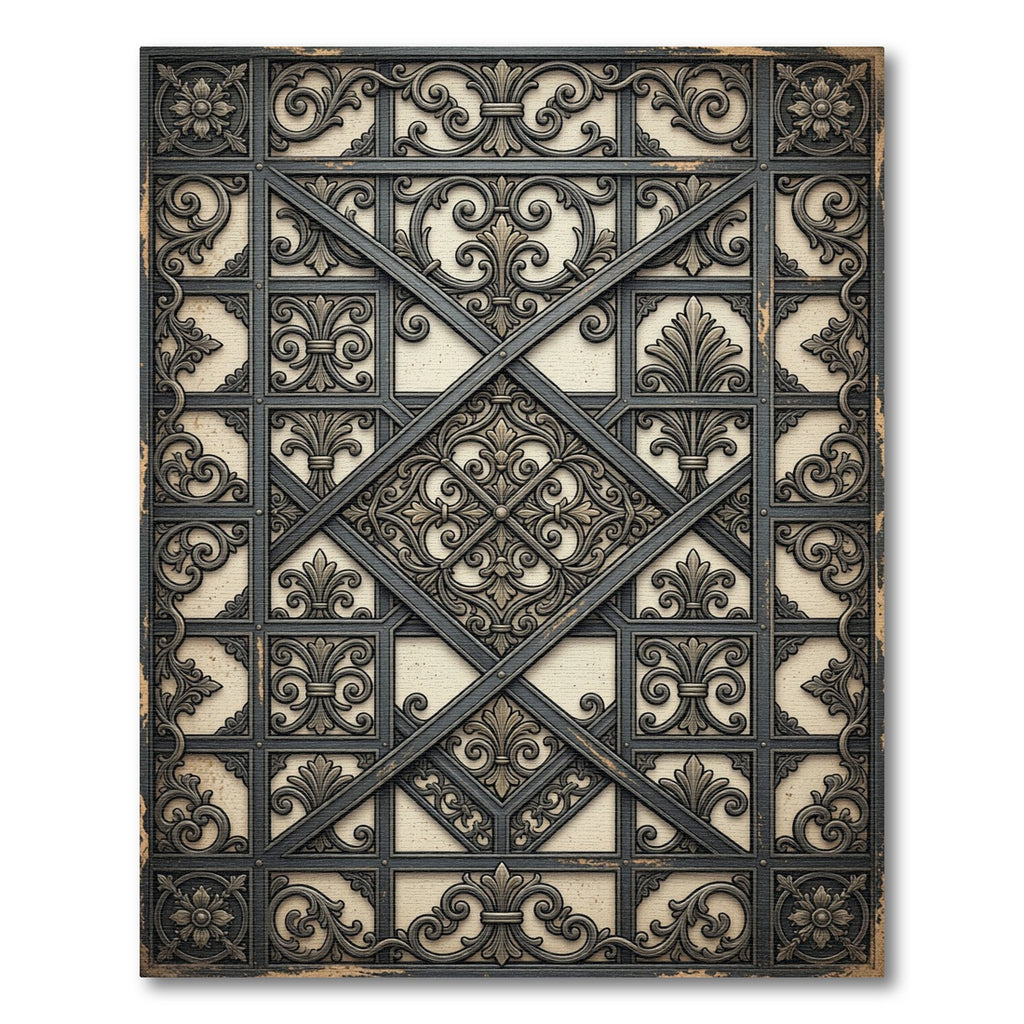 Ornate Gray Lattice Fleur-de-lis Rug