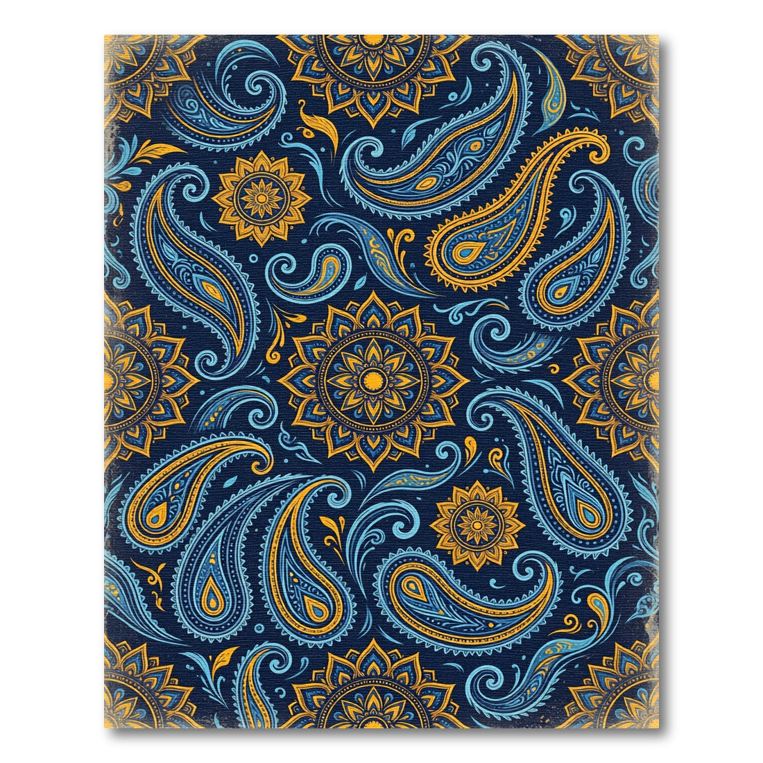 Indigo Blue Gold Paisley Floral Mandala Rug