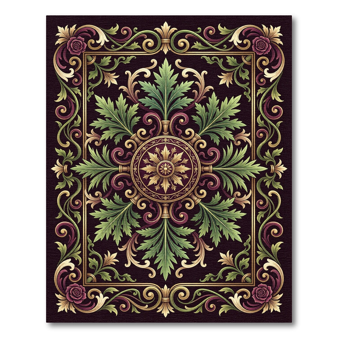 Gilded Plum Rose Scrollwork Floral Rug
