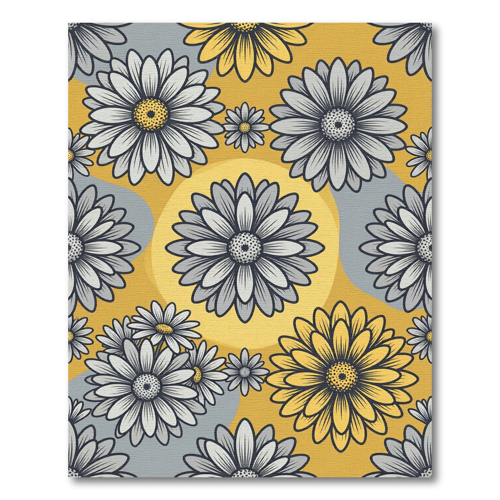 Yellow and Gray Retro Daisy Field Rug