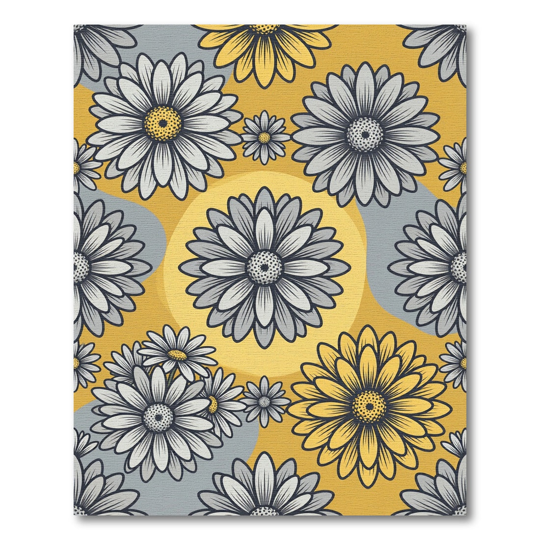 Yellow and Gray Retro Daisy Field Rug