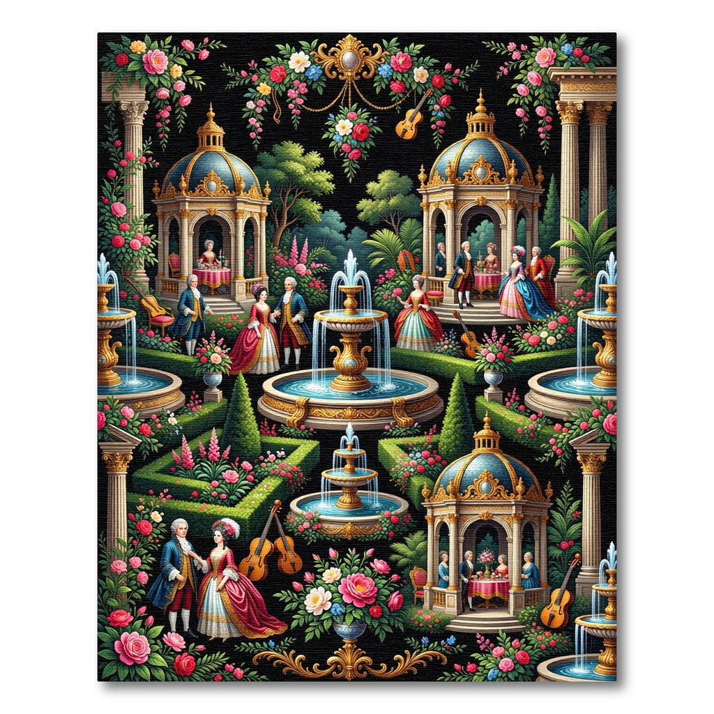 Baroque Garden Courtyard Fountain Scene Rug
