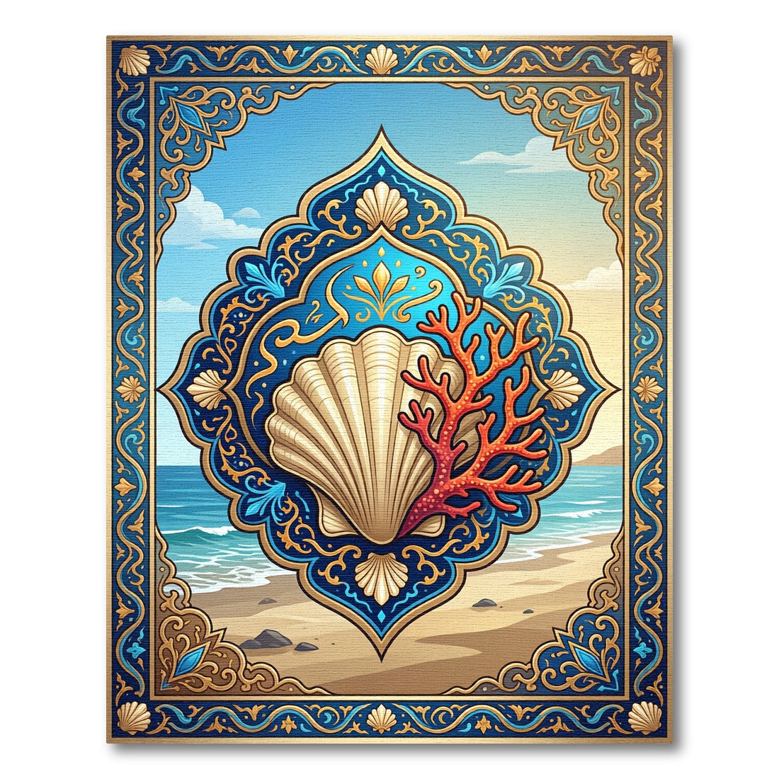 Coastal Shell and Coral Medallion Art Rug