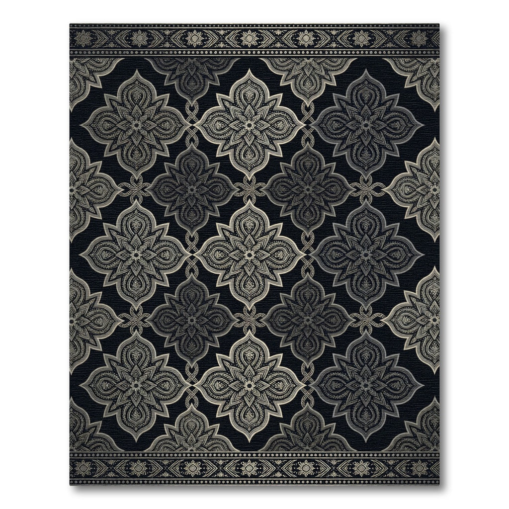 Ornate Silver Black Floral Medallion Rug