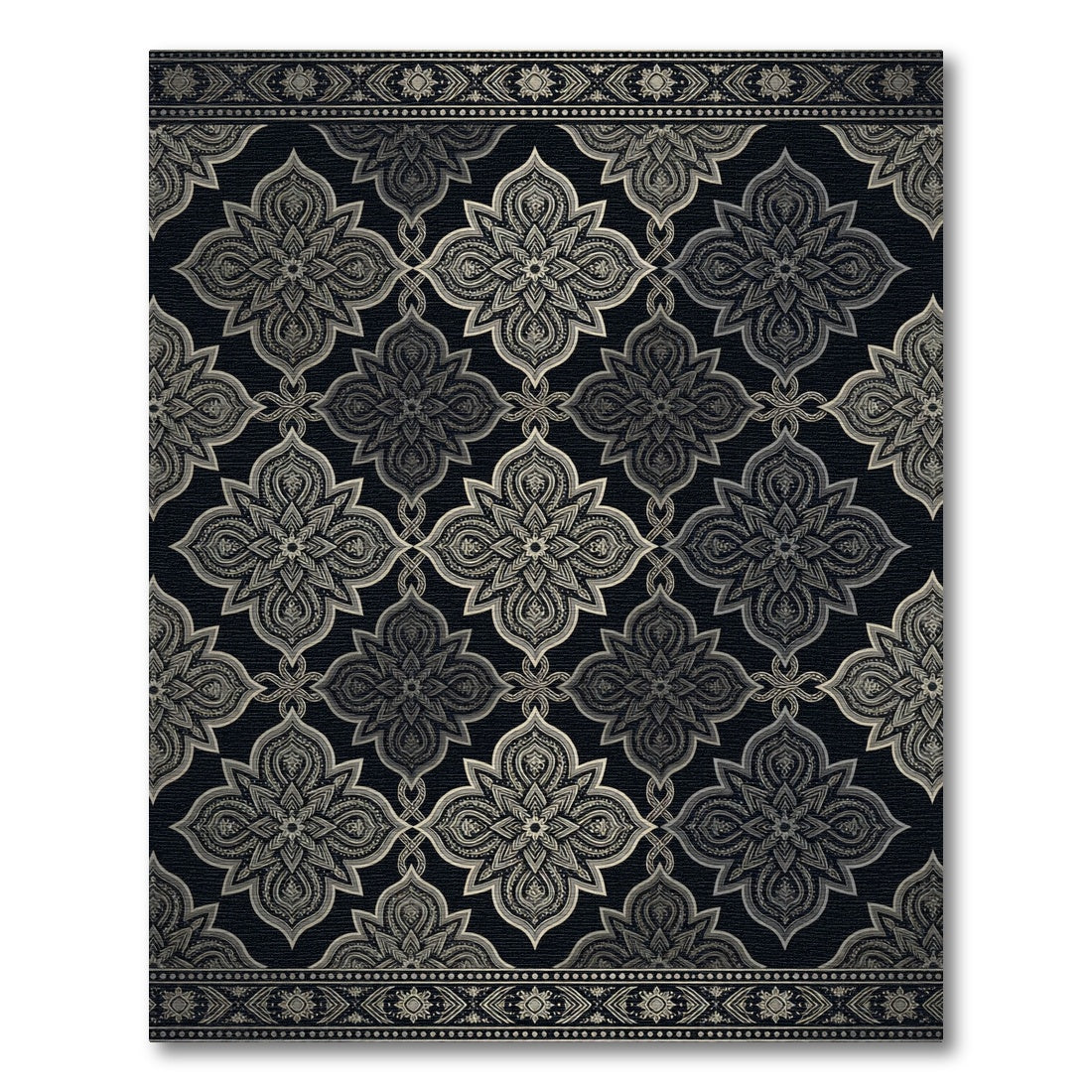 Ornate Silver Black Floral Medallion Rug